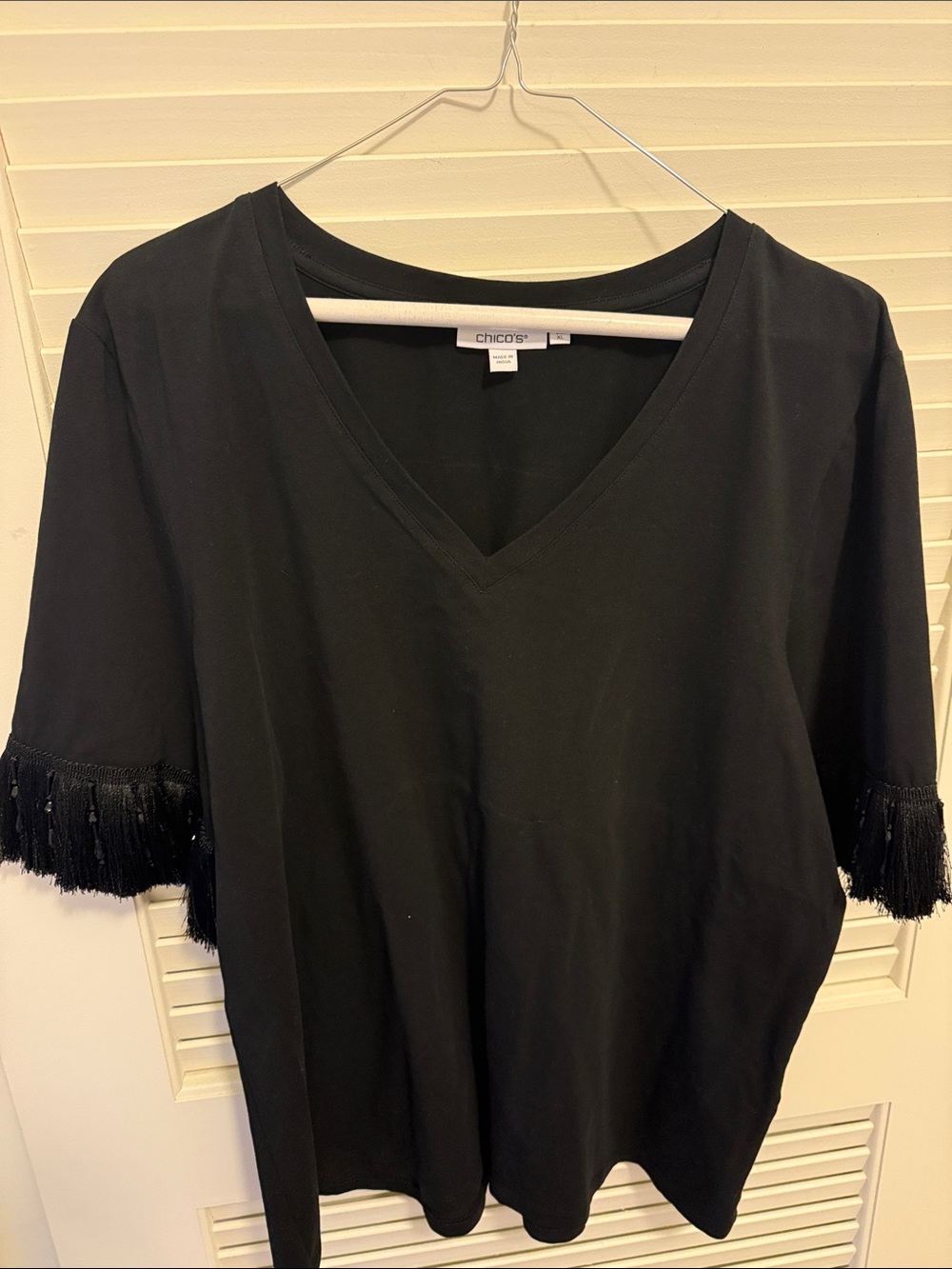 Chico's Black V-Neck Top with Fringe Sleeves